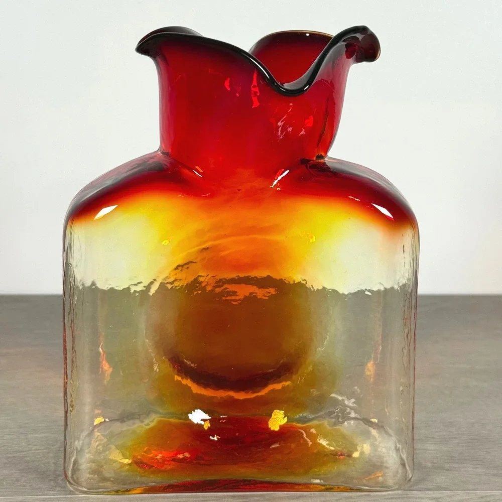 Blenko 2008 Amberina Water Bottle Vase Red Yellow Double Spout 8